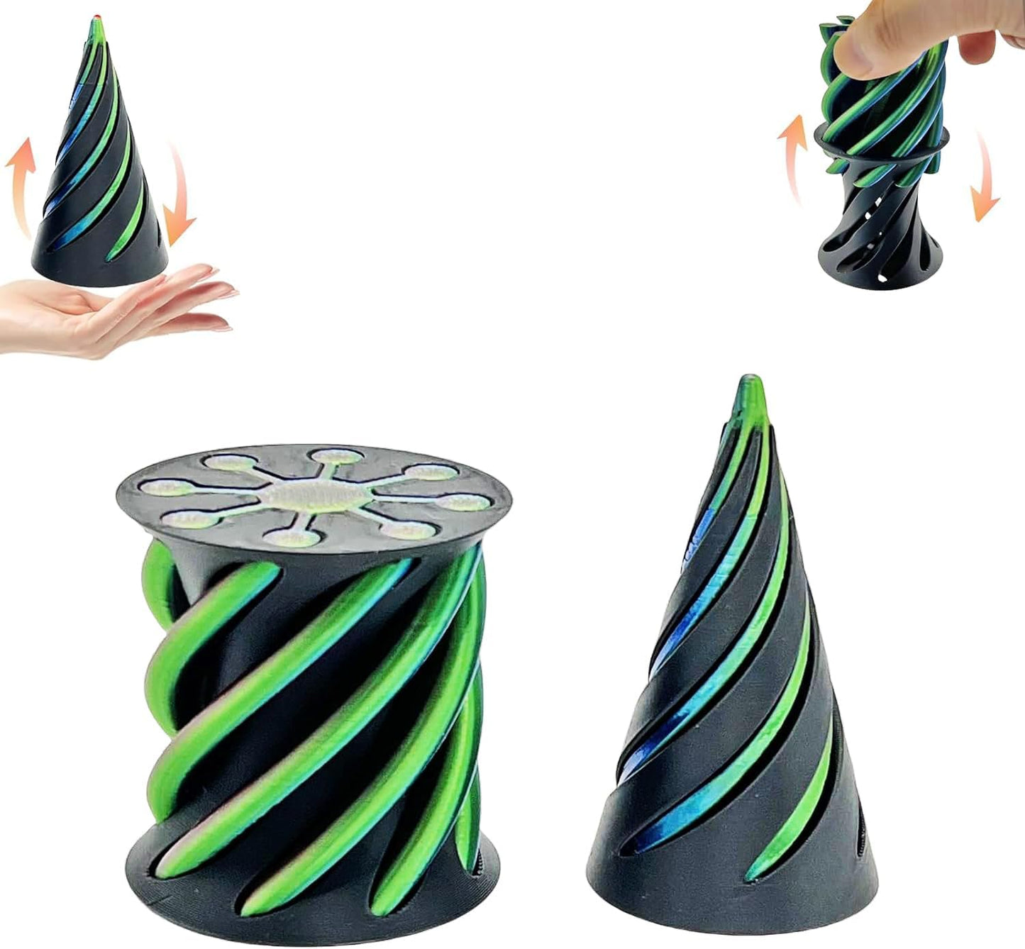 Impossible Pyramid Passthrough Sculpture - 2Pcs 3D Printed Spiral Cone Fidget Toy, Stress and Anxiety Relief Toy, Pass Through Pyramid Fidget Toy for Adult Children (Colorful-Green)