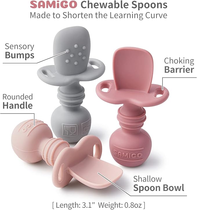 SAMiGO Silicone Baby Utensils - Self Feeding Spoons and Tiny Training Cup - First Stage Baby Led Weaning Supplies for 6 Months+ Infants - Set of 3