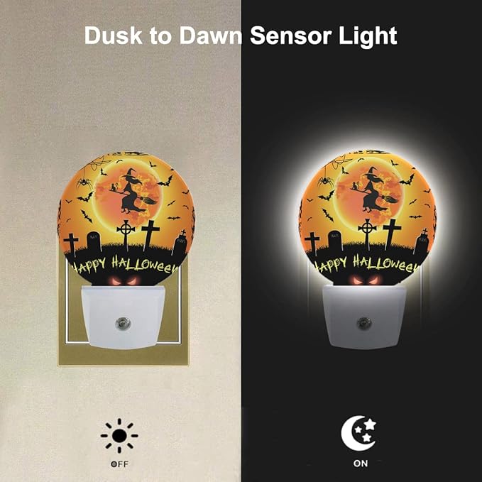 EKOBLA Halloween Night Lights Plug into Wall Scary Graveyard Flying Witch Bat Night Light for Boys Girls Men Women Happy Halloween Decorations