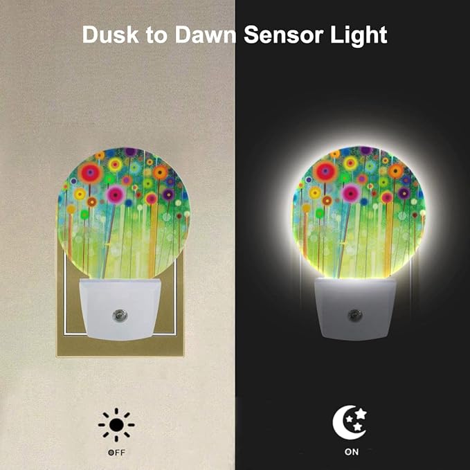 EKOBLA Green Floral LED Night Light Watercolor Wildflowers Spring Summer Green Flowers Dusk to Dawn Plug-in Nightlights Auto Sensor for Home Indoor Bathroom Hallway Kitchen