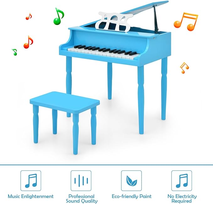 HONEY JOY Classical Kids Piano, 30-Key Mini Grand Piano with Music Stand and Bench, Wooden Musical Instrument Toy with Lid & Music Rack, Gift for Boys Girls Ages 3+ …