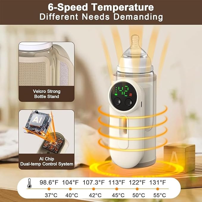Portable 8000mAh Baby Bottle Warmer Bag with USB Charging and Vacuum Insulation, Milk Heating for Travel and Outdoor Feeding, Compatible with Standard and Wide Neck Bottles, Beige