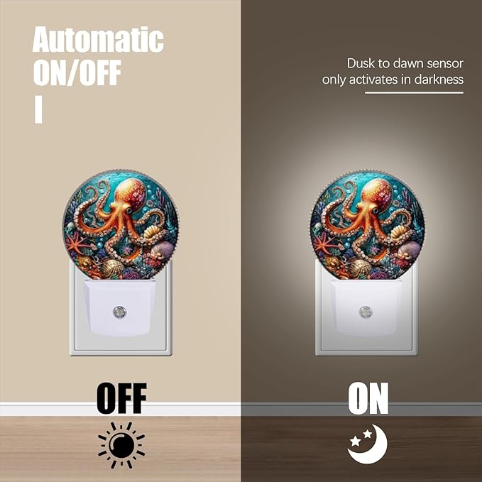 Round LED Night Lights Lamp with Dusk to Dawn Sensor, Red Octopus Surrounded by Underwater Scene Night Light Plug Into Wall for Kids Room, Bedroom, Bathroom, Kitchen, Hallway