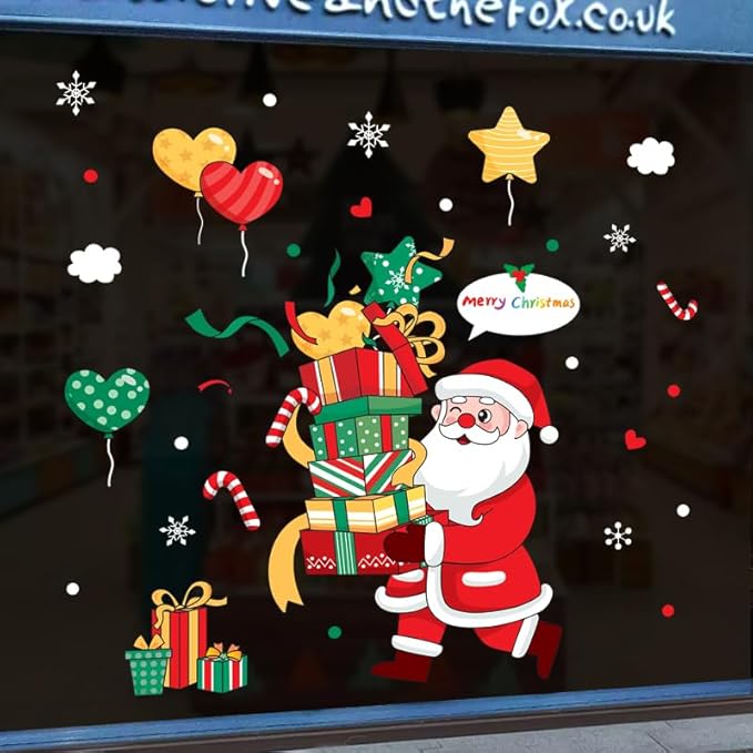 Merry Christmas Garter Window Glass Decoration Stickers Santa Claus Hug a Pile Gift Design 2026 New Holiday Removable Dress up DIY Static Window Clings Decals for Living Room Bedroom Shop Windows