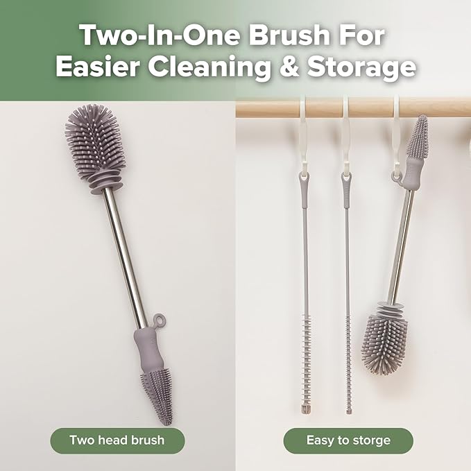 haakaa Silicone Cleaning Brush Kit - SUVA Grey - Bottle Brush for Breast Pumps, Breast Milk Collector, Baby Bottles, Nipples, Breastmilk Storage Bags