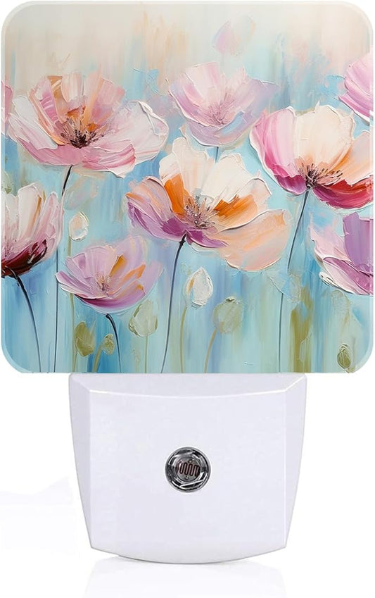 Oil Pink Flowers Night Light,Plug-in Night Lights with Dusk to Dawn Sensor for Stairway,Hallway,Bedroom Sleep Friendly Ideal for Women/Girls/Boys Gift,0.5w