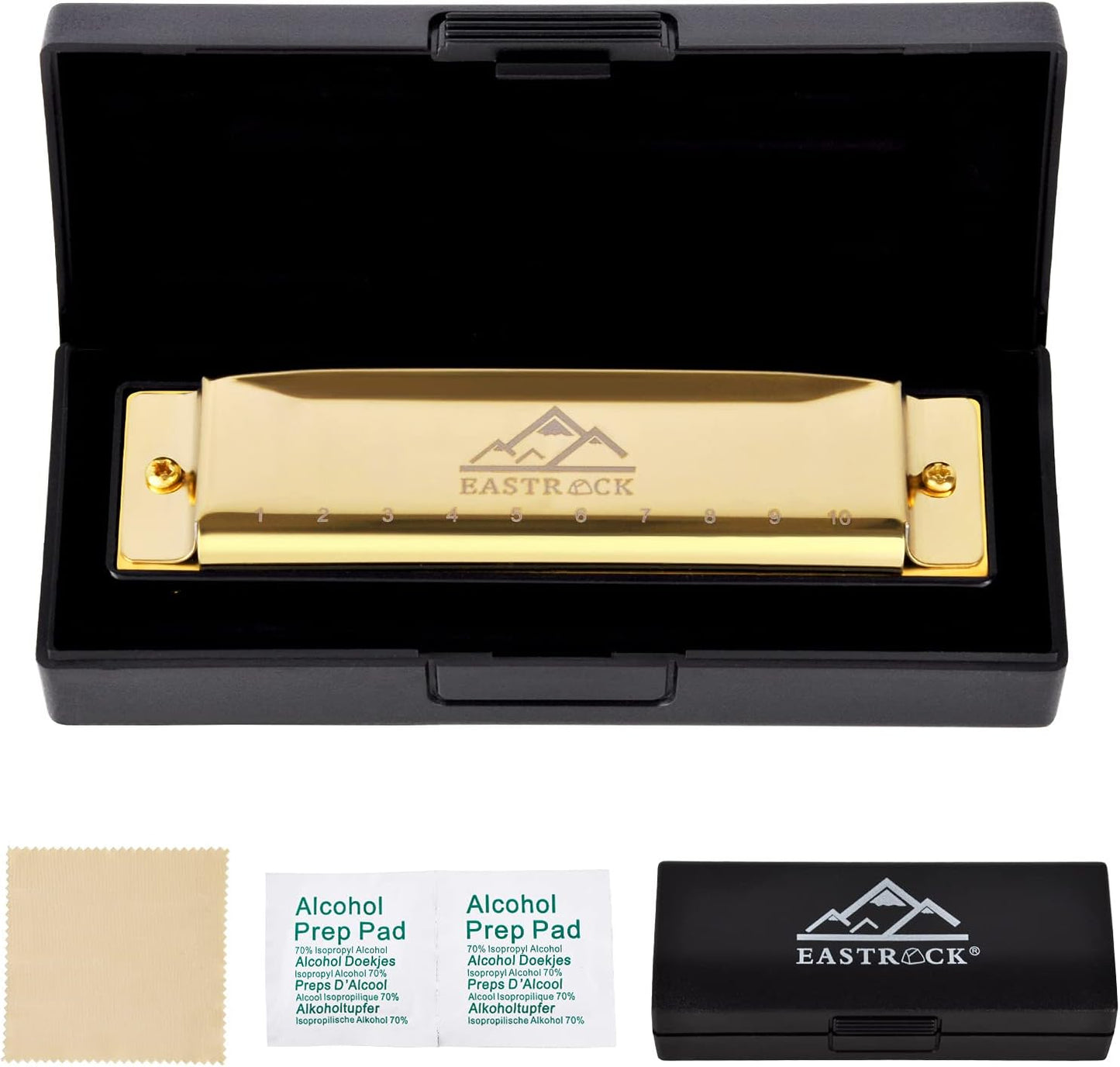 EastRock Blues Harmonica Mouth Organ 10 Hole C Key with Case, Diatonic Harmonica for Professional Player, Beginner, Students gifts, Adult, Friends, Gift (Gold)