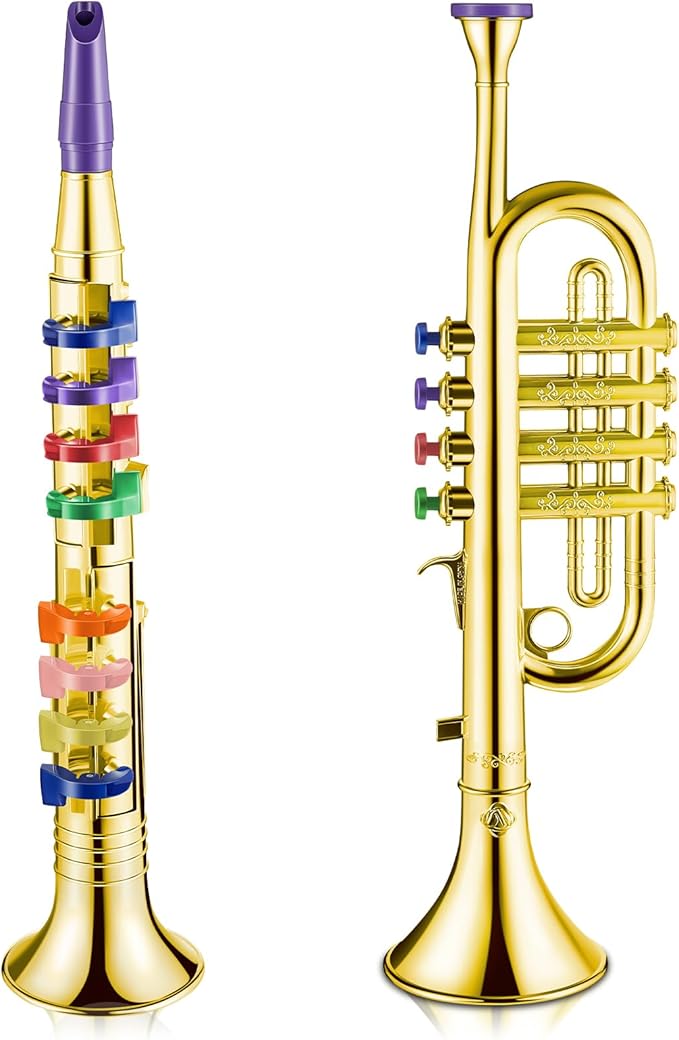 Amylove Set of 2 Toy Trumpet and Clarinet for Kids Toddlers Plastic Instruments Fake Music Toy Portable Early Educational Toys Teaching Songs Musical Gifts(Gold)