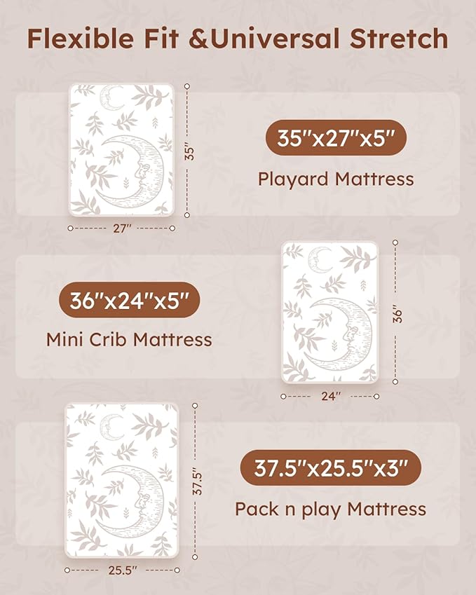 Pack and Play Sheets Fitted 3 Pack, Mini Crib Sheets for Pack N Play Mattress Stretchy Portable Playard Sheets, Soft Breathable White Brown Sun God