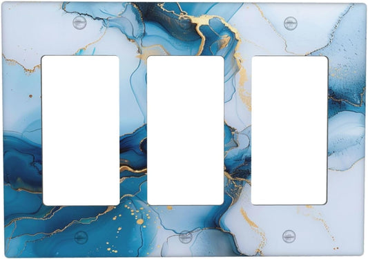 Decorative Outlet Covers Modern Abstract Blue Gold Line Marble 3 Gang Wall Plate Triple Rocker Light Switch Cover Plate Jumbo Electrical GFCI Faceplate for Kitchen Bedroom Home Decor