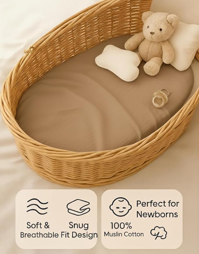 Bassinet Sheets 33x17 Inches 2 Pack Light Brown & Beige Neutral Bassinet Sheets Boy/Girl, Soft Fitted Bassinet Sheet for Oval & Rectangle Mattress, Stay Snug Design, Gentle, Breathable