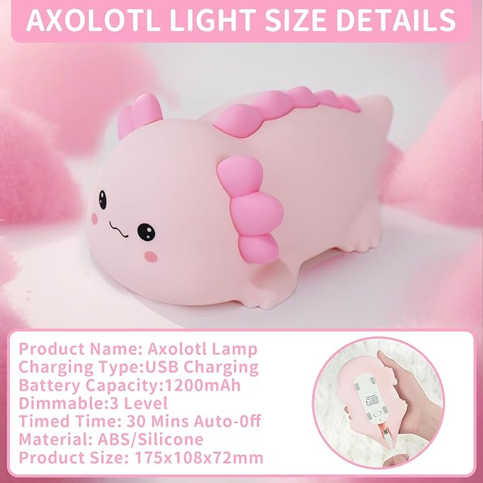 Axolotl Silicone Nursery Night Light, Dimmable LED Animal Lamp with Timer,Cute Gifts Rechargeable Bedroom Bedside Lamp with Touch Sensor Toy for Kids (Axolotl B)