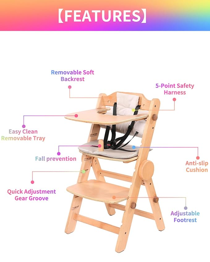 Toddler High Chair Wooden, Baby Highchair with Adjustable Tray and Foot Rest, Folding Wood High Chair for Dining, 6 Months up to 300 Lb