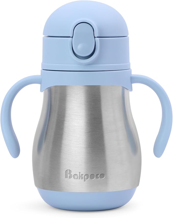 Stainless Steel Straw Sippy Cup for Toddlers 1-3 Years Old, Insulated Toddler Water Bottle Baby Training Tumbler with Handles, 8oz Kids Straw Cups for Travel, Daycare & At Home, Blue