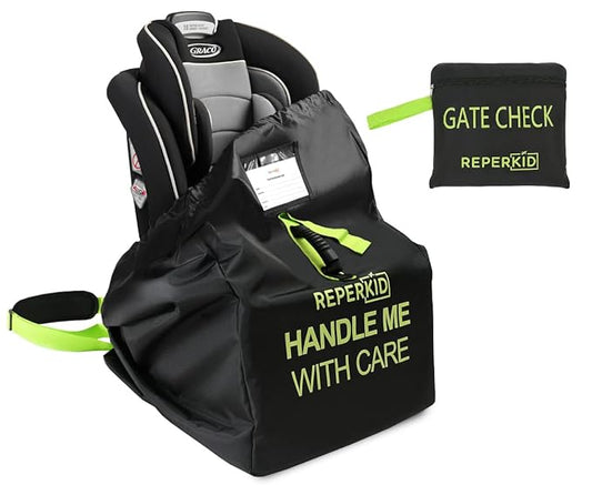 reperkid Car Seat Travel Bag for Airplane, Black and Green, 33" H x 18" W x 18" D, Fits Most Convertible, Booster and Infant Car Seats – Premium Waterproof Cover, Adjustable Shoulder Strap