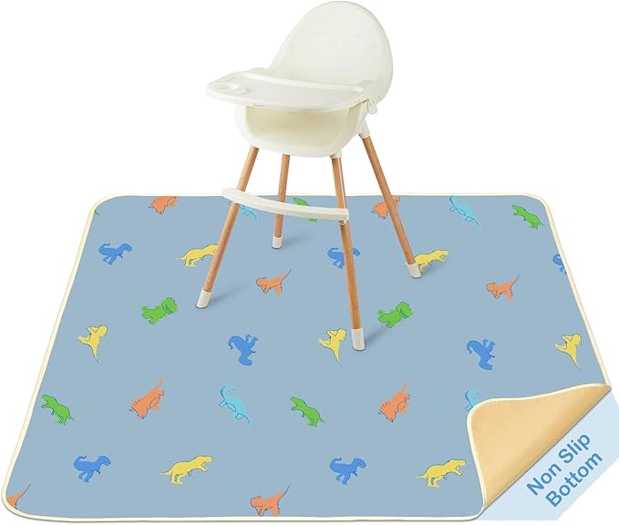 Splat Mat for Under High Chair 42 x 42 Inch Waterproof Baby Splash Mat with Non Slip Bottom Reusable Portable Highchair Mat for Floor Food Catcher for High Chair, Blue Dinosaur