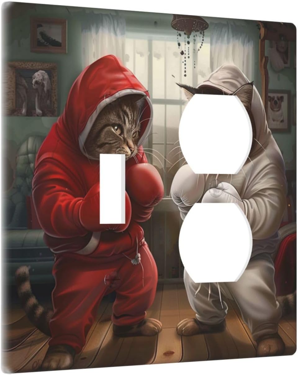 Decorative Outlet Covers Funny Red Boxing Cats White Tomcat 2 Gang Wall Plate Cover Single Toggle Duplex Combo Two Switch Light Switch Cover Plate Jumbo Dual GFCI Faceplate
