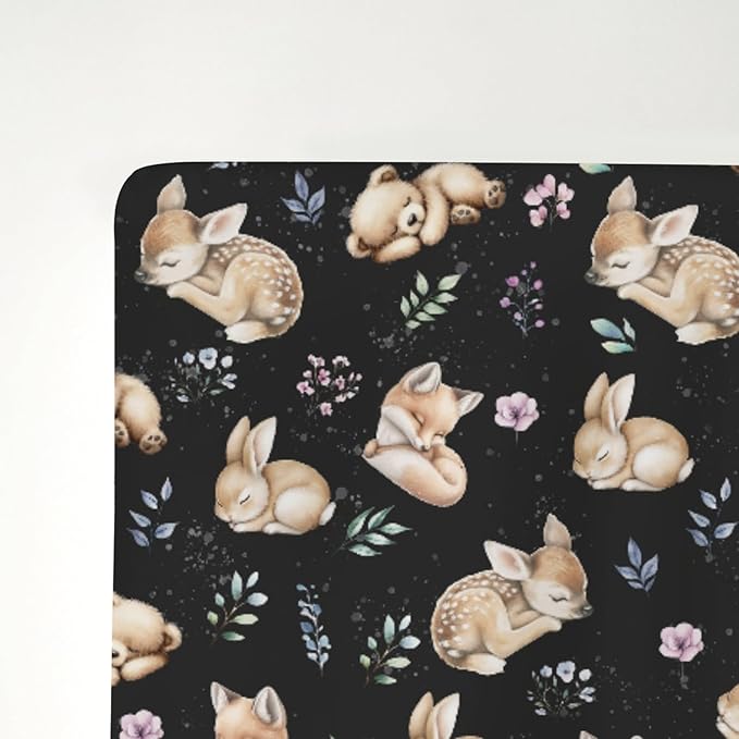 Sleeping Spring Animals Baby Crib Sheets Boy Girl 28"x52" Bear Deer Bunny Floral Leaves Soft Snug Fitted Crib Mattress Cover Cute Animals Baby Sheet for Standard Crib & Toddler Mattress