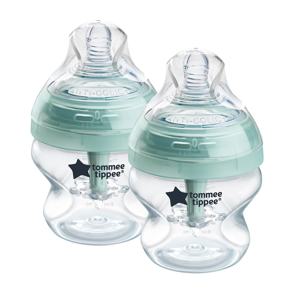 Tommee Tippee Advanced Anti-Colic 5 oz BPA Free Baby Bottles, Newborn 0+ Months, Slow Flow Breast-Like Nipple, Unique Design Keeps Air Away from Milk and Baby, Clear, Pack of 2