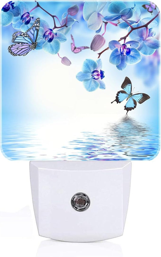 Orchids and Butterflies Night Light,Plug Into Wall with Dusk to Dawn Light Sensors, Warm Nightlights for Bedroom, Bathroom, Hallway, Kitchen, Gifts Ideal for Boys Girls Women Men
