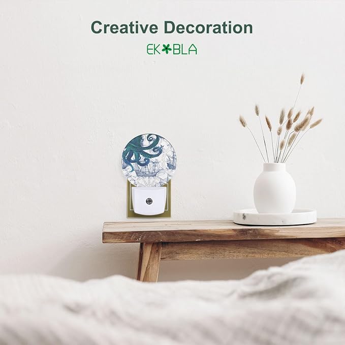 EKOBLA Vintage Octopus Night Lights Plug into Wall Sea Monster Nautical Coastal Night Light Dusk to Dawn Sensor LED Round Lamp for Men Women Boys Girls Home Decor