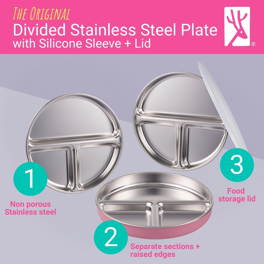 Stainless Steel Divided Plates + Silicone Sleeve and Storage Lid | Baby, Toddler, Kids | Dinner & Snack Plates | 2 Pack