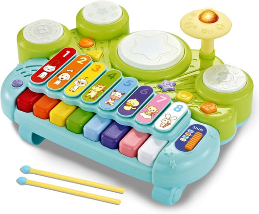 Fisca 3 in 1 Musical Instruments Toys, Electronic Piano Keyboard Xylophone Drum Set - Learning Toys with Lights for Baby & Toddler 1 2 3 Year Old Boys and Girls