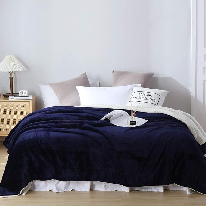 NANPIPER Couch Blanket Reversible Sherpa Flannel Blanket Ultra-Soft Plush Warm Fleece Microfiber (90"x90" Navy Blue) Queen