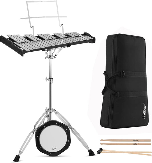 Eastar Professional 32 Note Glockenspiel Xylophone Bell Kit Percussion Kit with 8 Inch Drum Practice Pad, Stand, Glockenspiel Stick, Drum Sticks and Carrying Bag