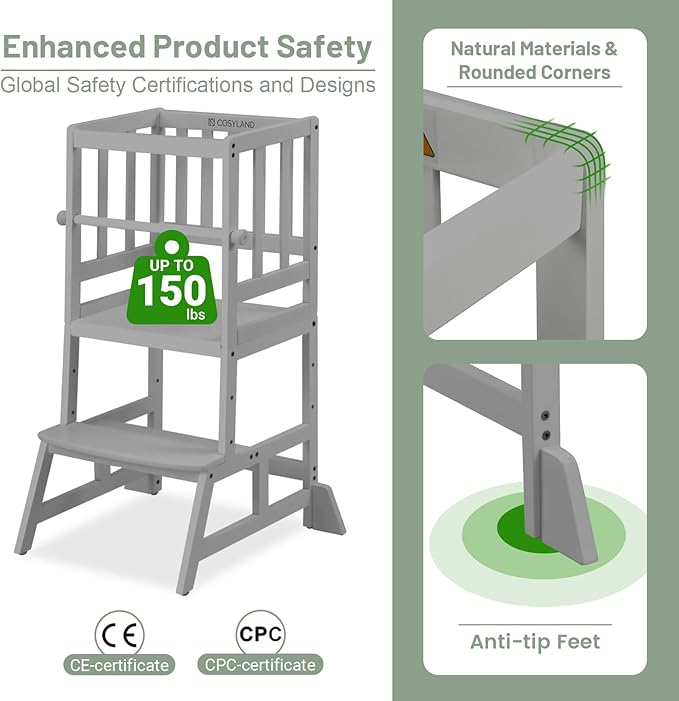COSYLAND Toddler Standing Tower - Adjustable Height Toddler Kitchen Stool Helper - Kids Kitchen Step Stool for Learning with Removable Safety Railing Grey
