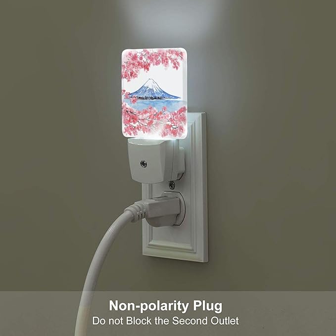 Cherry Blossoms Mount Fuji Night Light,Plug-in Night Lights with Dusk-to-Dawn Sensor for Stairway,Hallway,Bedroom Sleep Friendly Ideal for Women/Girls/Boys Gift,0.5w