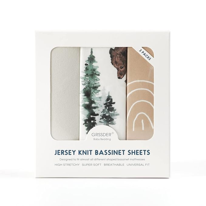 GRSSDER Stretchy Ultra Soft Fitted Bassinet Sheet Set 3 Pack, Universal Fit for Bassinets Baby Cradle Moses Basket Oval Rectangle Mattress Safe and Snug, Jungle Bear/Rainbow for Baby