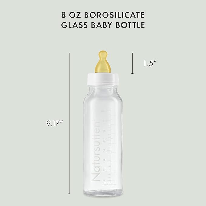 Natursutten Anti-Colic Glass Baby Bottle 2-Pack - 8 oz, 4 oz Bottles for Breastfeeding Babies - Newborn Bottles Set: Natural Rubber Slow-Flow Bottle Nipples, Seals, Valves, Baby Bottle Caps (8 Ounce)