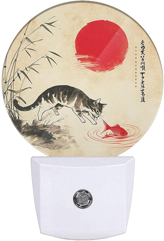 EKOBLA Fish in Pond LED Night Light Red Sun Bamboo Branch Cute Cat Play with Fish Dusk to Dawn Plug-in Nightlights Auto Sensor for Home Indoor Bathroom Hallway Kitchen