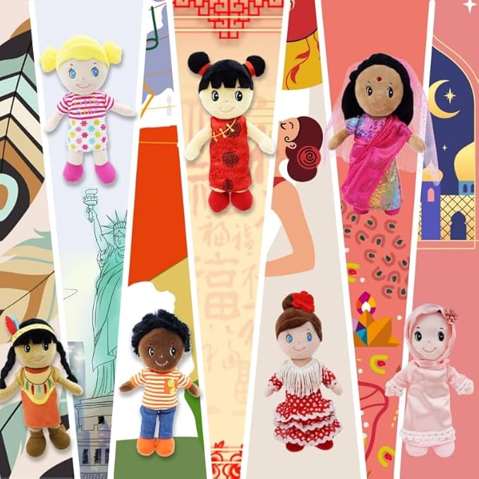 June Garden 3-Piece Multicultural Soft Dolls Set – Plush Cultural Diversity Dolls for Toddlers and Kids – Includes Flamenco Dancer, Indian Girl, and Hijabi Girl – 7” Plush Figures for Pretend Play