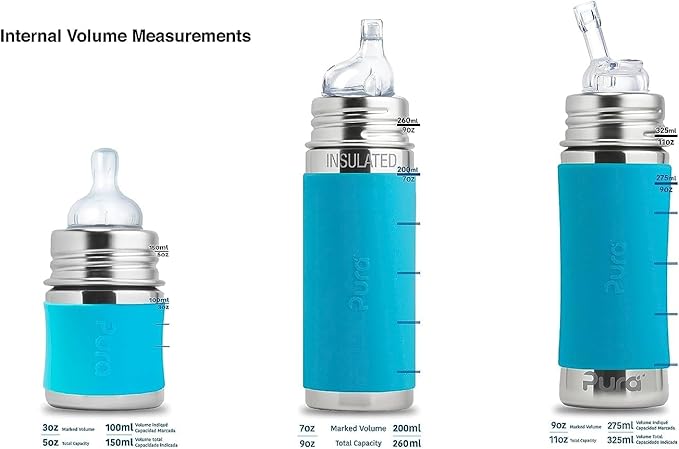 Pura Kiki 9oz/260 ml Stainless Steel Insulated Bottle w/Silicone Straw & Sleeve, 100% Plastic-Free, MadeSafe Certified, 100% Medical-Grade Silicone Straw for Kids, Toddlers, Babies & Infant - New Mint