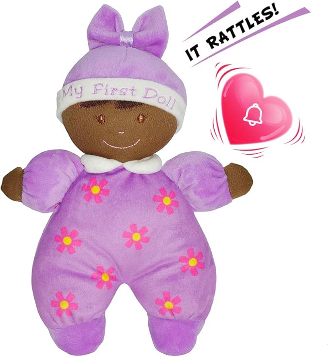 June Garden 9" My First Doll Hazel - Soft Plush Baby Doll with Rattle - Purple Outfit