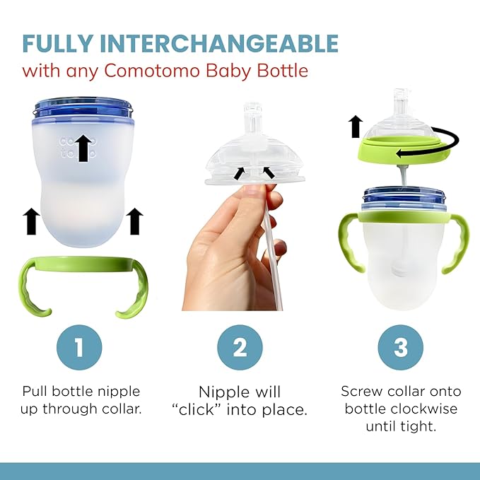 Straw Transition Cup Kit for Comotomo Baby Bottles | Conversion Kit Fits 5 Ounce and 8 Ounce Bottles | Soft, Silicone Straw Top Bottle Nipple & Weighted Straw to Help Baby Transition | 2 Pack (Green)
