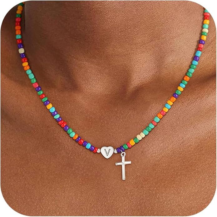 Colorful Initial Necklaces for Girls Women Kids - Teen Girls Gifts Trendy Cross Cross Beaded Initial Necklace Dainty Letter Gifts Choker Necklace for Girl Jewelry