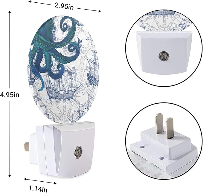 EKOBLA Vintage Octopus Night Lights Plug into Wall Sea Monster Nautical Coastal Night Light Dusk to Dawn Sensor LED Round Lamp for Men Women Boys Girls Home Decor