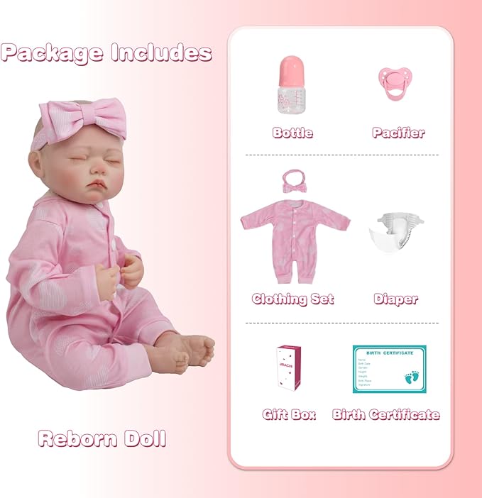 Jirachi Realistic Reborn Baby Dolls, Sleeping Baby Pink Girl Real Life Soft Cloth Body, 18 Inch Lifelike Reborn Baby with Feeding Accessories for Kids