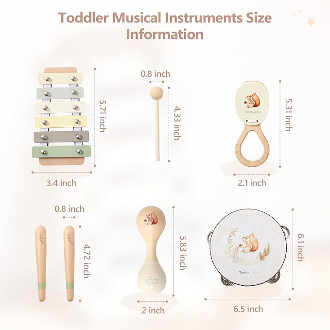Baby Wooden Montessori Musical Instruments Set for Toddlers - Neutral Colors Percussion Set With Modern Boho Xylophone Tambourine - Educational Toys for Preschool Kids