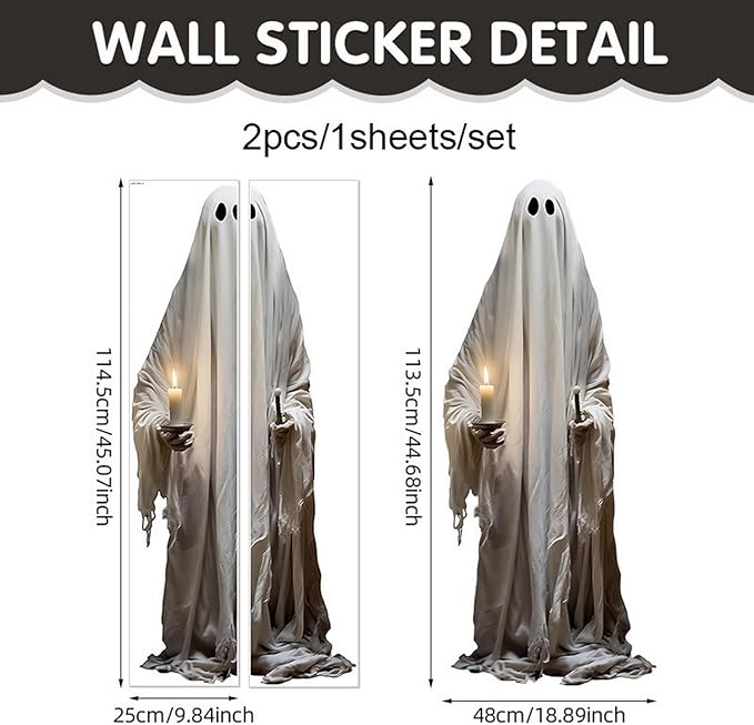2 Pcs Halloween Decorations Window Clings Decor Double-Side Extra Large Scary White Ghosts Halloween Spooky Window Decals School Home Office Party Supplies for Glass Windows