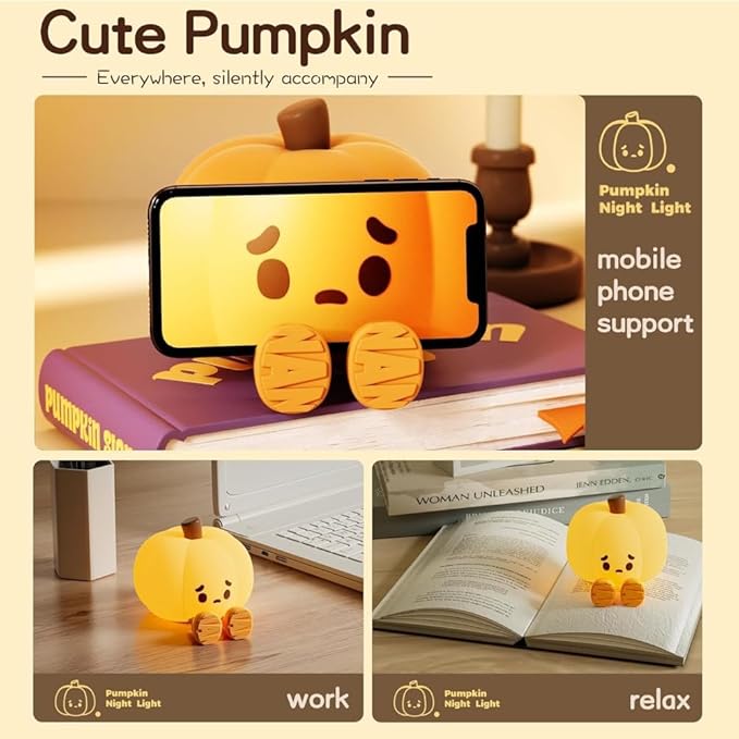 LED Pumpkin Night Light, 3 Level Dimmable Nursery Decor, Cute Lamp Silicone Squishy Light, Rechargeable Bedside Touch Lamp for Breastfeeding Toddler Baby Kids Decor