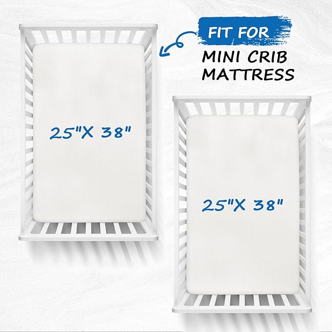 Pack and Play Sheets Waterproof, 2 Pack Cotton Mini Crib Sheets 38"x 25", Compatible with Graco Pack n Play, Dream on Me, Delta Portable Crib and Arms Reach Ideal Cosleeper, Baby Girl Boy, White