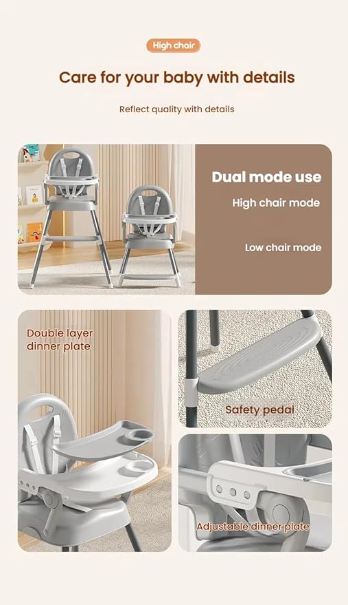Nine point nine High Chair with Three Modes, Highchair for Babies and Toddlers, Adjustable and Easy to Fold High Chairs, Highchairs with Non-Slip Pedal (8123 Grey)