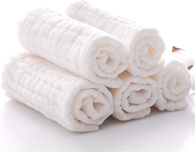 MUKIN Baby Muslin Washcloths, Natural Cotton, Soft Newborn Face Towel, 5 Pack, 12 x 12 inches (White)