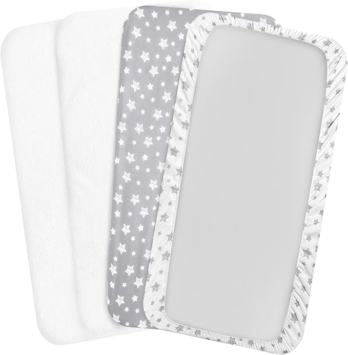 Crib Sheets & Waterproof Crib Mattress Protector for Boys 4 Pack Set, Viscose, Waterproof Crib Sheets Mattress Pad Cover, Grey & White