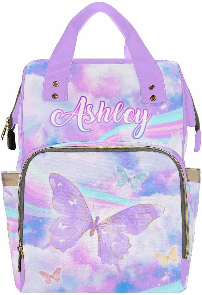 D-Story Custom Diaper Bag Tote Bags Backpacks Cute Adjustable Shoulder Straps Personalized Mummy Nursing Baby Bags Fashion Customized Gift Shoulders Bag, Rainbow Butterflies