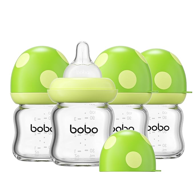 YOHKOH Natural Glass Baby Bottle with Natural Response Nipple, Newborn Anti-Colic Baby Bottles, Wide Neck Mushroom Cap Baby Bottle, Clear (Green, 3.4oz (Pack of 4))